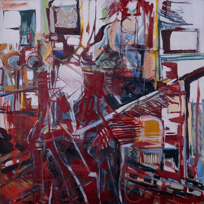 Abstract colorful painting with geometric shapes.