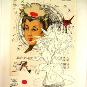 Surreal collage of woman's face and flowers.