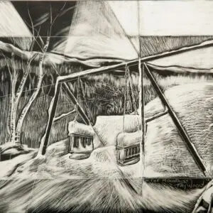 Abstract black and white outdoor swing scene.