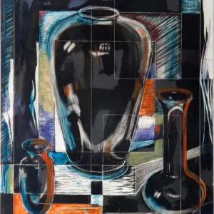 Abstract still life with vases and patterns.