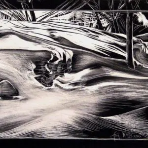 Monochrome landscape drawing with abstract design.