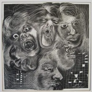 Surreal faces overlapping in black and white.