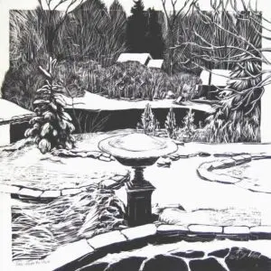 Winter garden scene with snow-covered landscape.