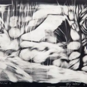 Black and white abstract snowy landscape drawing.