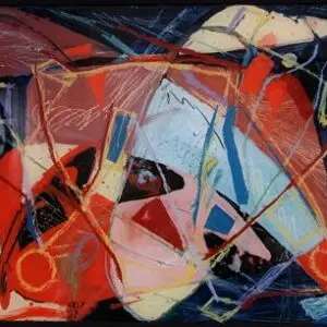 Abstract painting with colorful geometric shapes.
