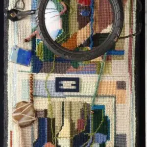 Abstract textile art with geometric patterns and objects.