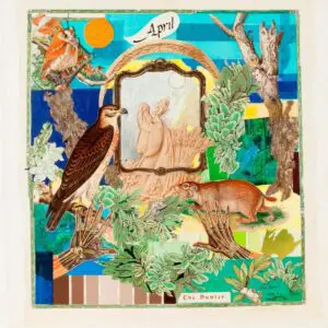 Collage with animals, mirror, and "April" text.