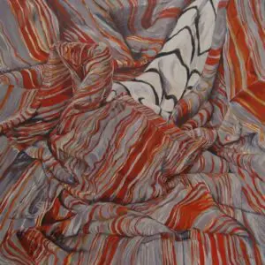 Red and gray striped fabric with patterns.