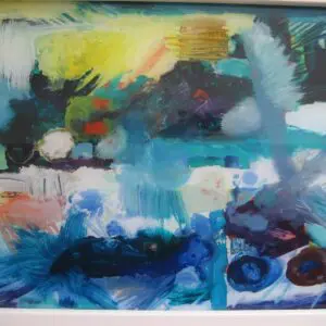 Abstract painting with vibrant blue and yellow.