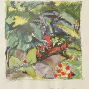 Abstract garden scene with vibrant foliage.