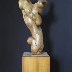 Abstract wooden sculpture on a wooden base.