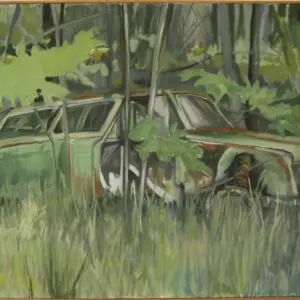 Old car overgrown with grass and trees.