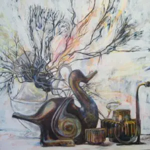 Abstract painting of swan and branches.