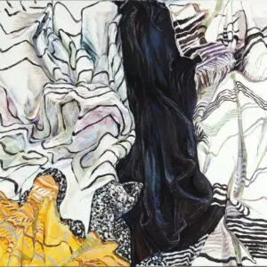 Abstract painting with swirling colorful patterns.