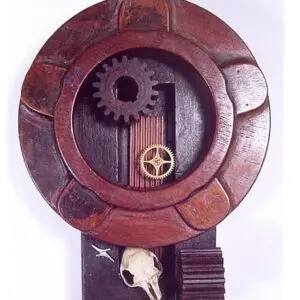 Wooden assemblage with gears and animal skull.