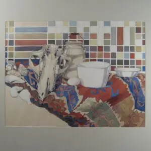 Still life with skull and colorful textiles.