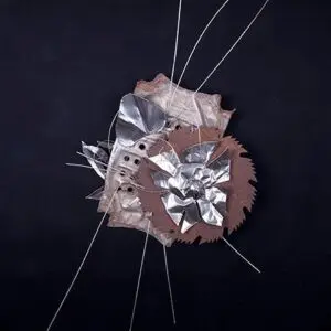 Abstract metal and wire art on black.