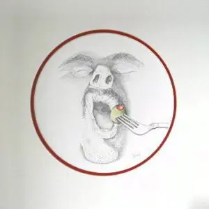 Pig face with forked olive sketch.