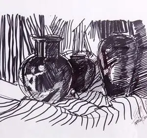 Black and white sketch of vases.
