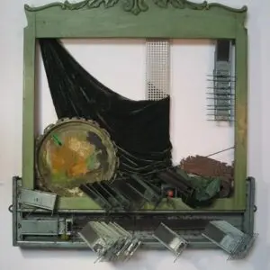 Green framed mixed media artwork with textures.