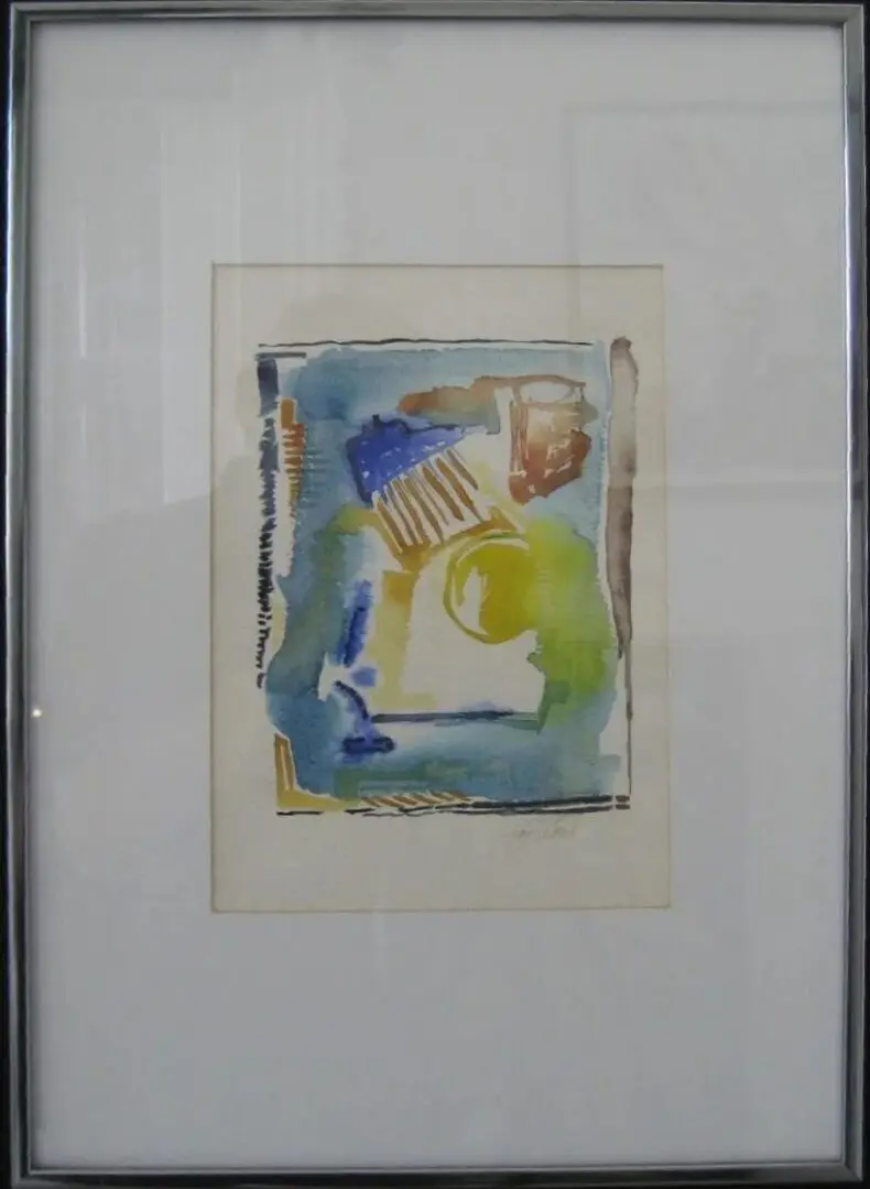 Framed abstract painting with vibrant colors.