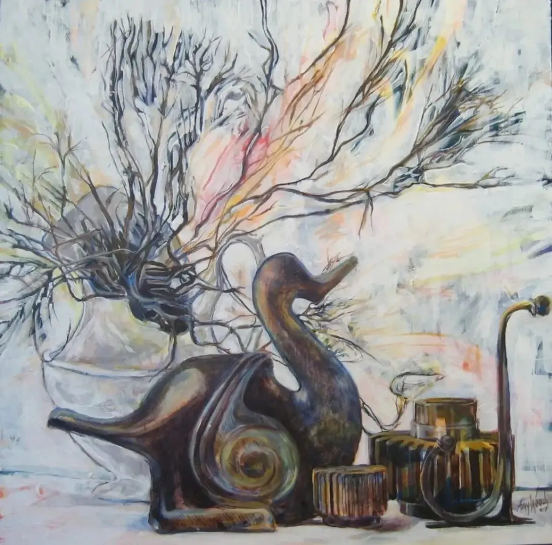 Decorative still life with branches and vase.