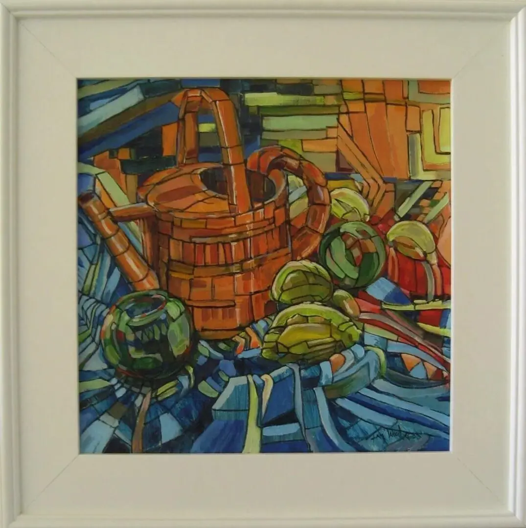 Colorful abstract painting of fruit and basket.