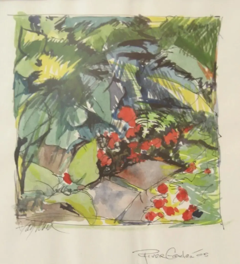 Colorful abstract garden with red flowers.