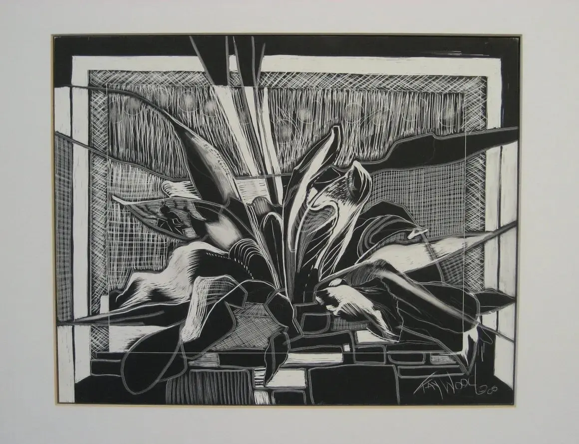 Abstract black and white artwork with plants.