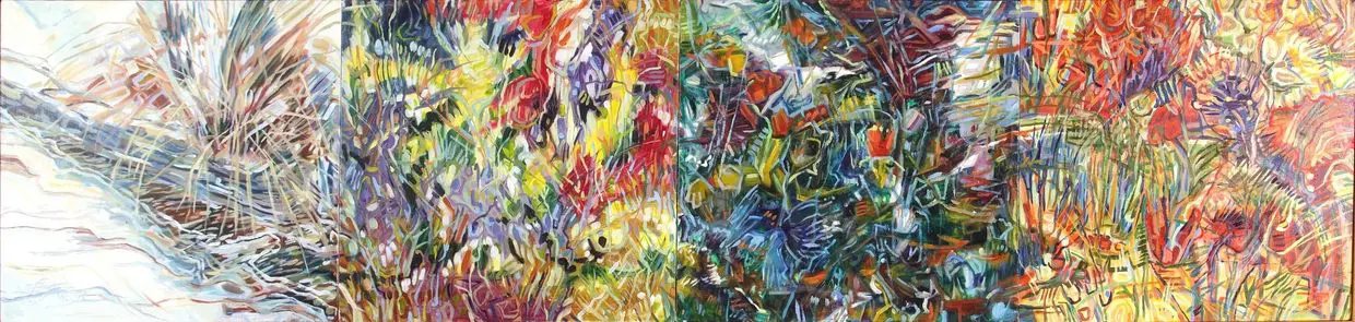 Abstract colorful painting with dynamic brushstrokes.
