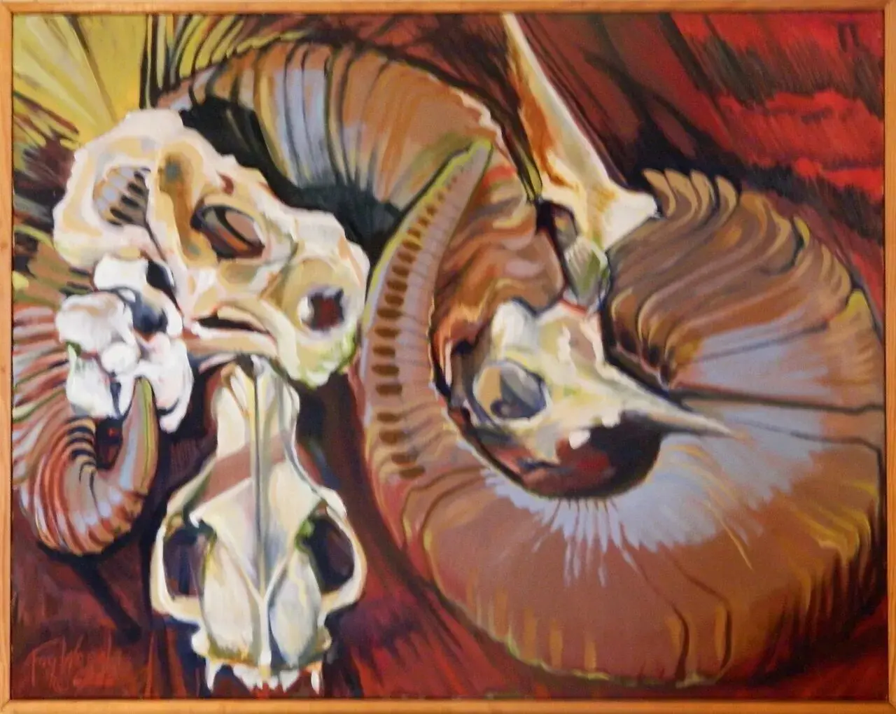 Animal skulls and horns on abstract background.