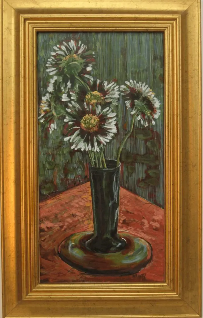 Painting of daisies in a tall vase.