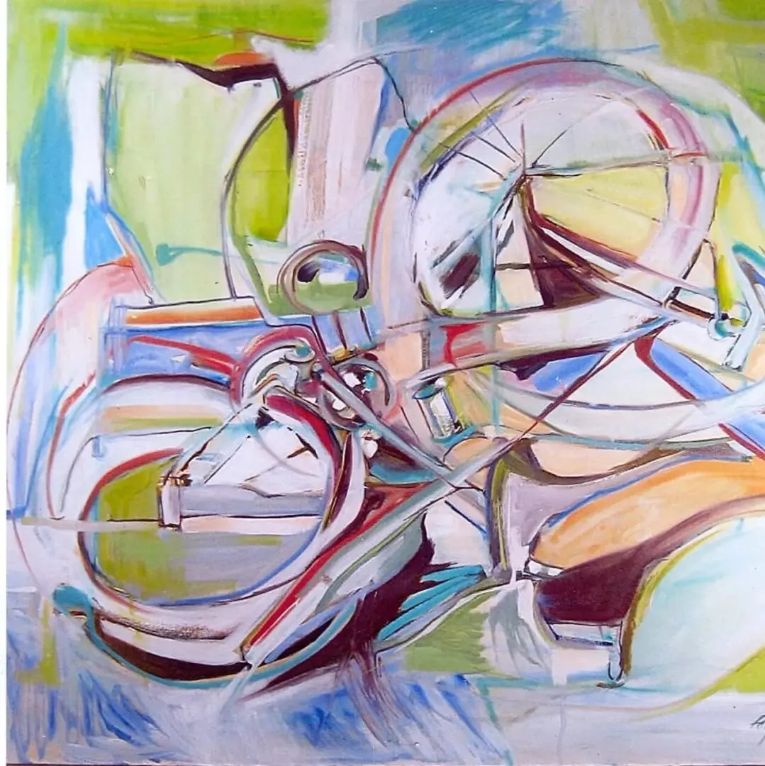 Abstract painting with colorful swirling shapes.