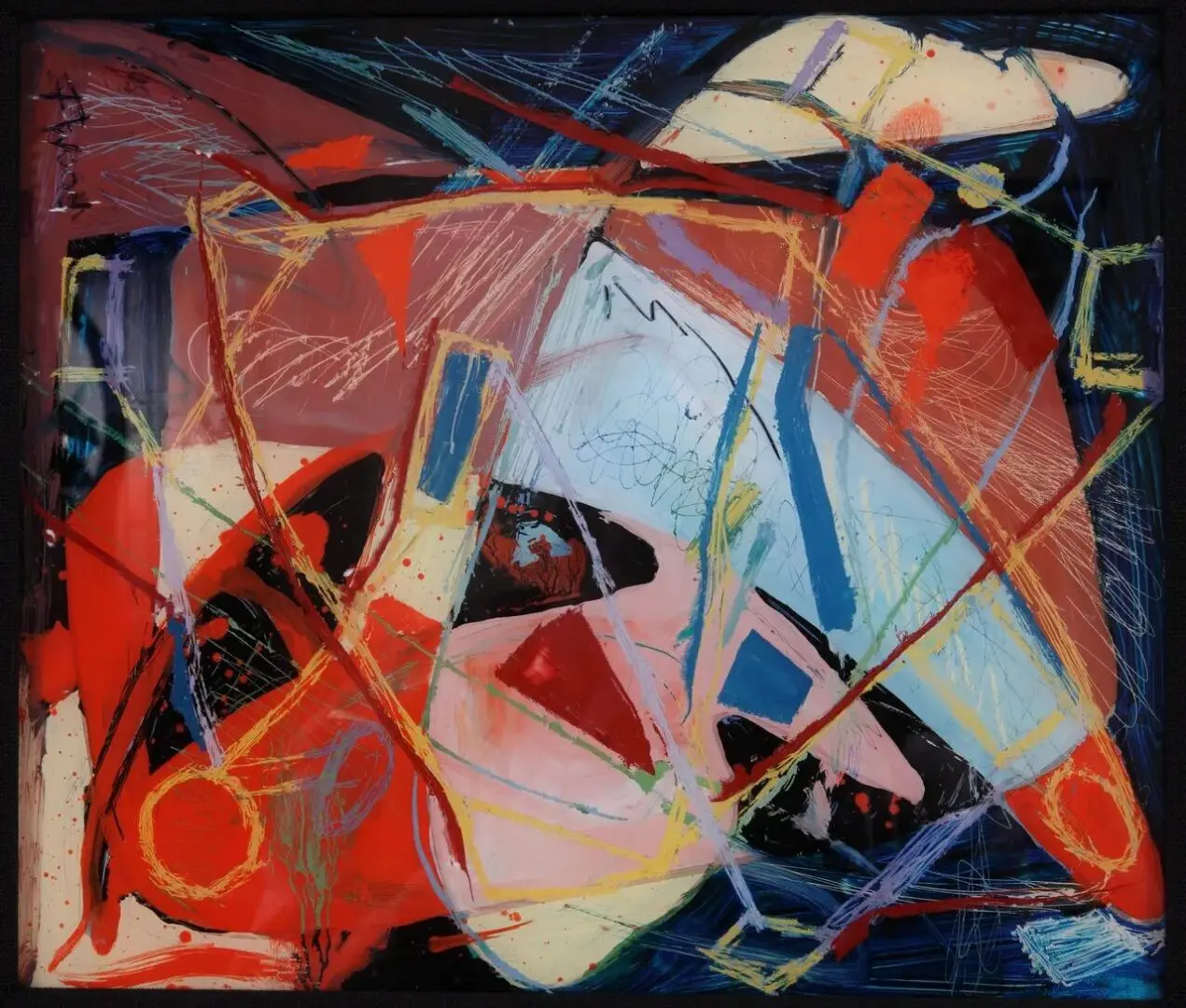 Abstract painting with vibrant geometric shapes.