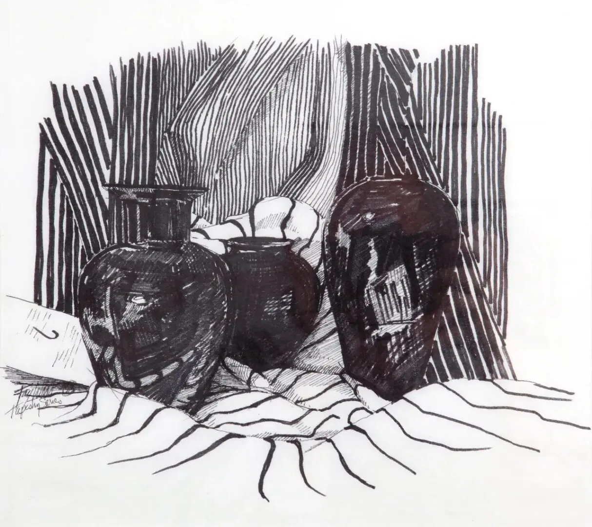 Black and white drawing of three vases.