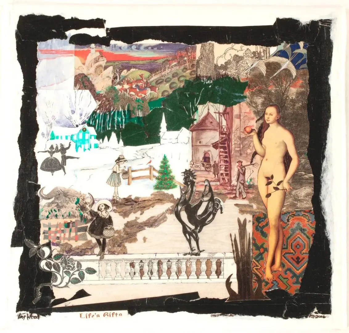 Surreal collage with figures and landscapes.