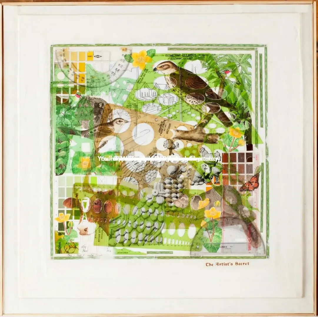 Abstract collage with birds and green patterns.