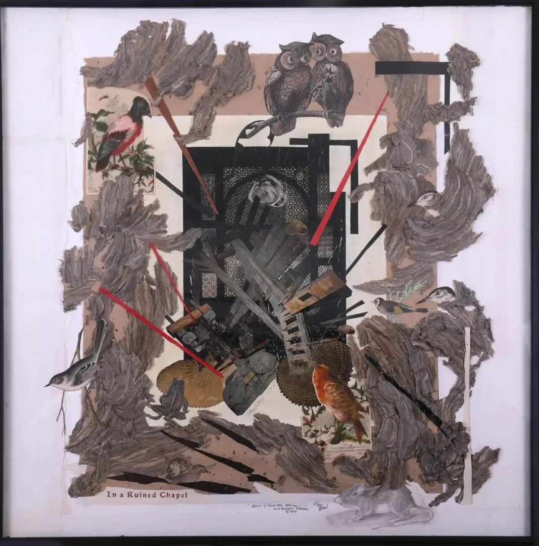 Abstract collage with birds and mechanical elements.