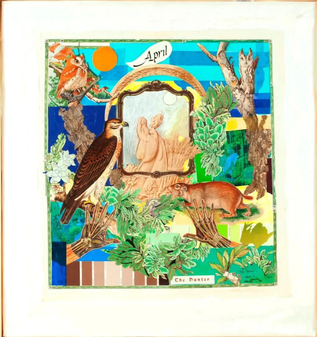 Colorful collage with animals and April theme.