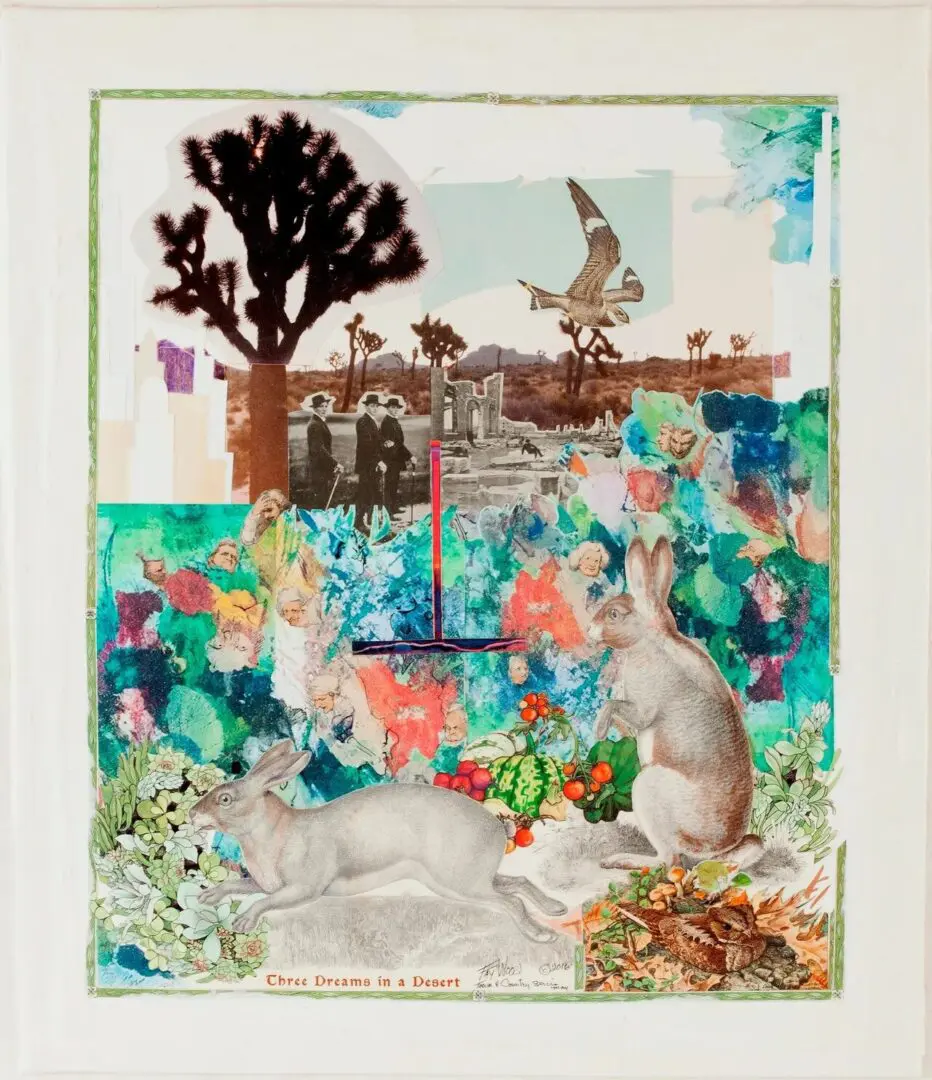 Colorful collage with rabbits and desert scenery.