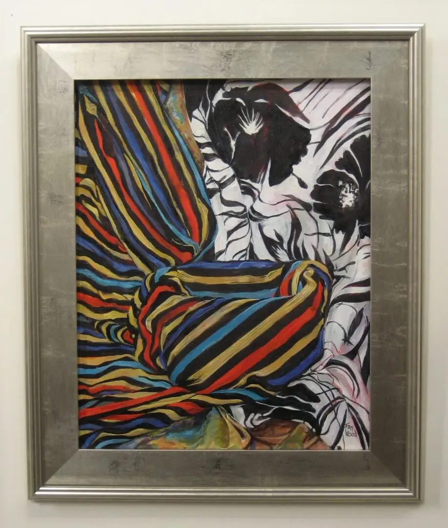 Colorful striped abstract painting with floral elements.