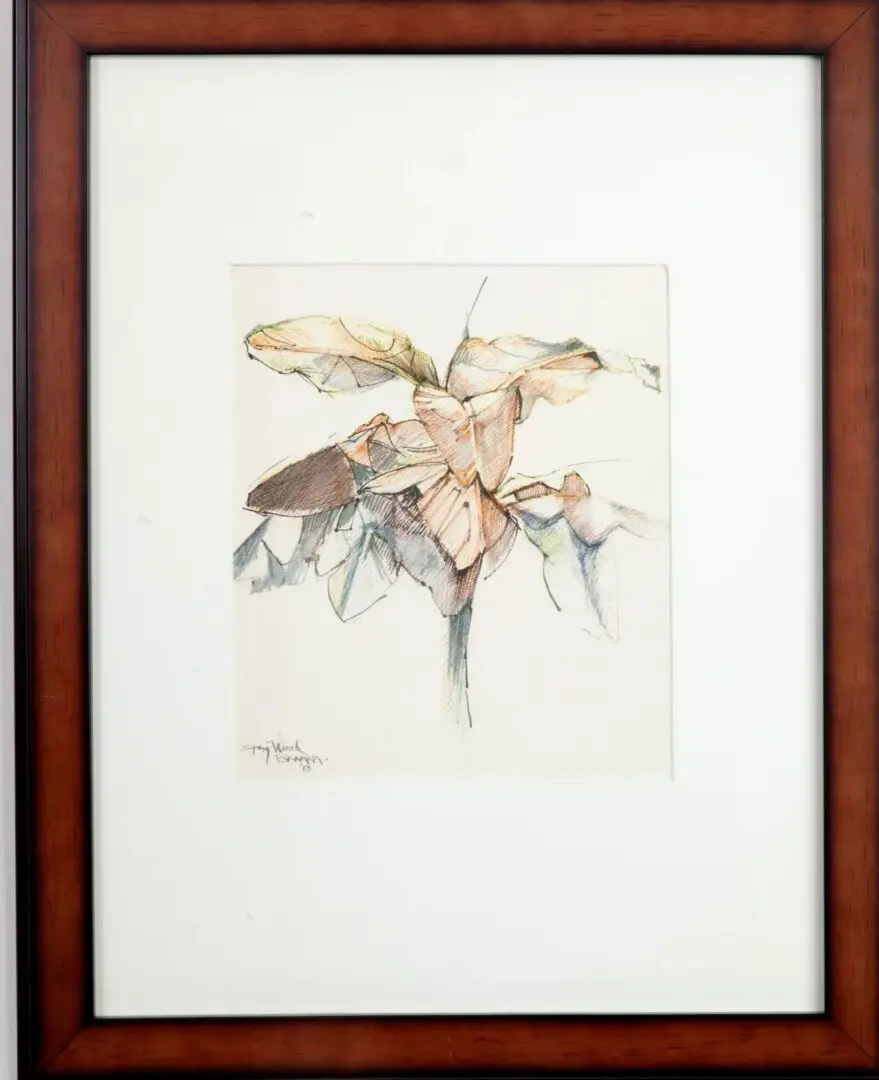 Framed abstract floral artwork on display.