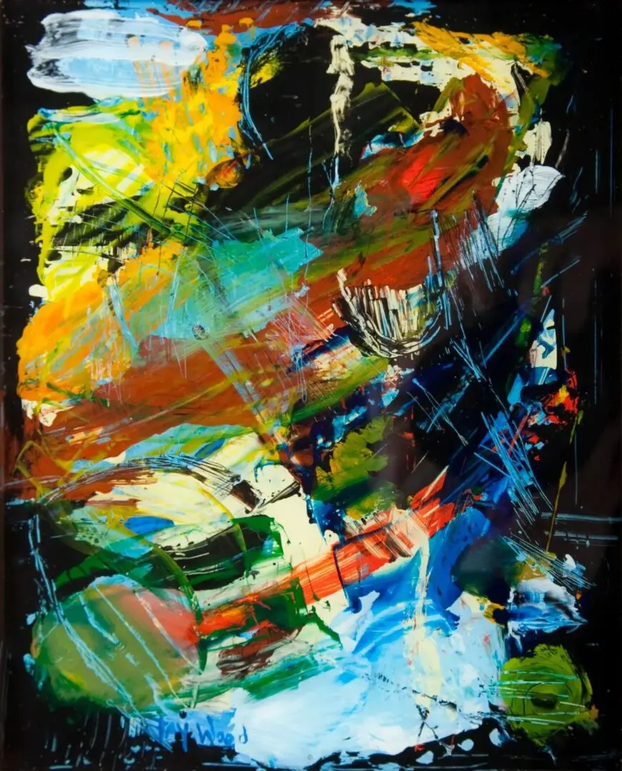 Abstract painting with vibrant, colorful brushstrokes.