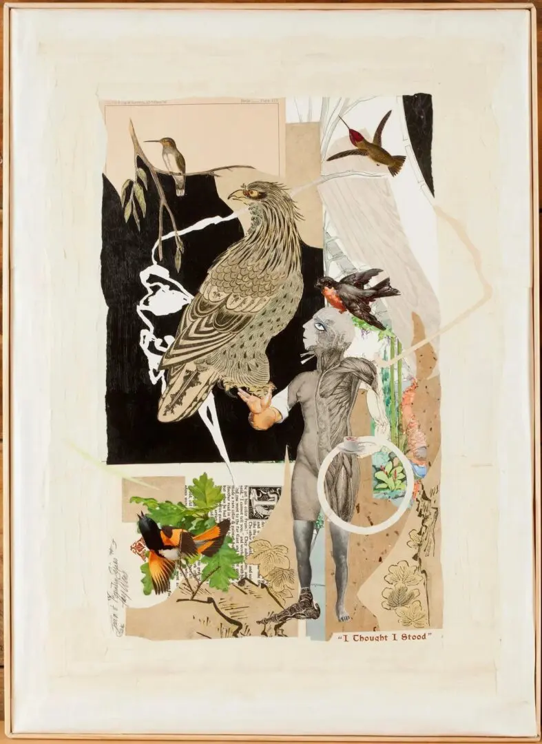 Surreal collage featuring birds and mythical figure.