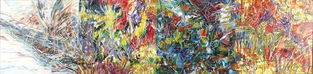 Abstract colorful painting with vibrant brushstrokes.