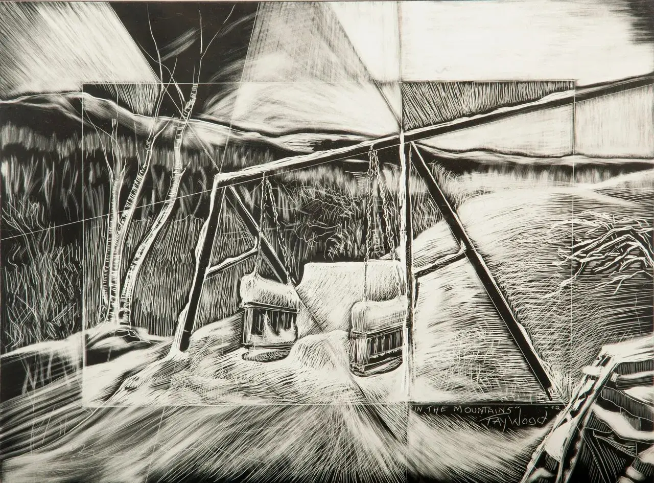 Abstract winter scene with swing and trees.