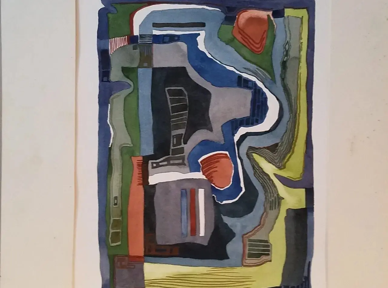 Abstract geometric painting with colorful shapes.