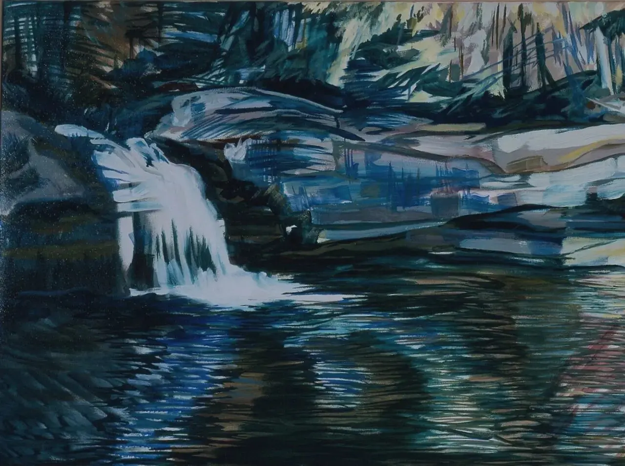 Waterfall flowing into a calm river scene.