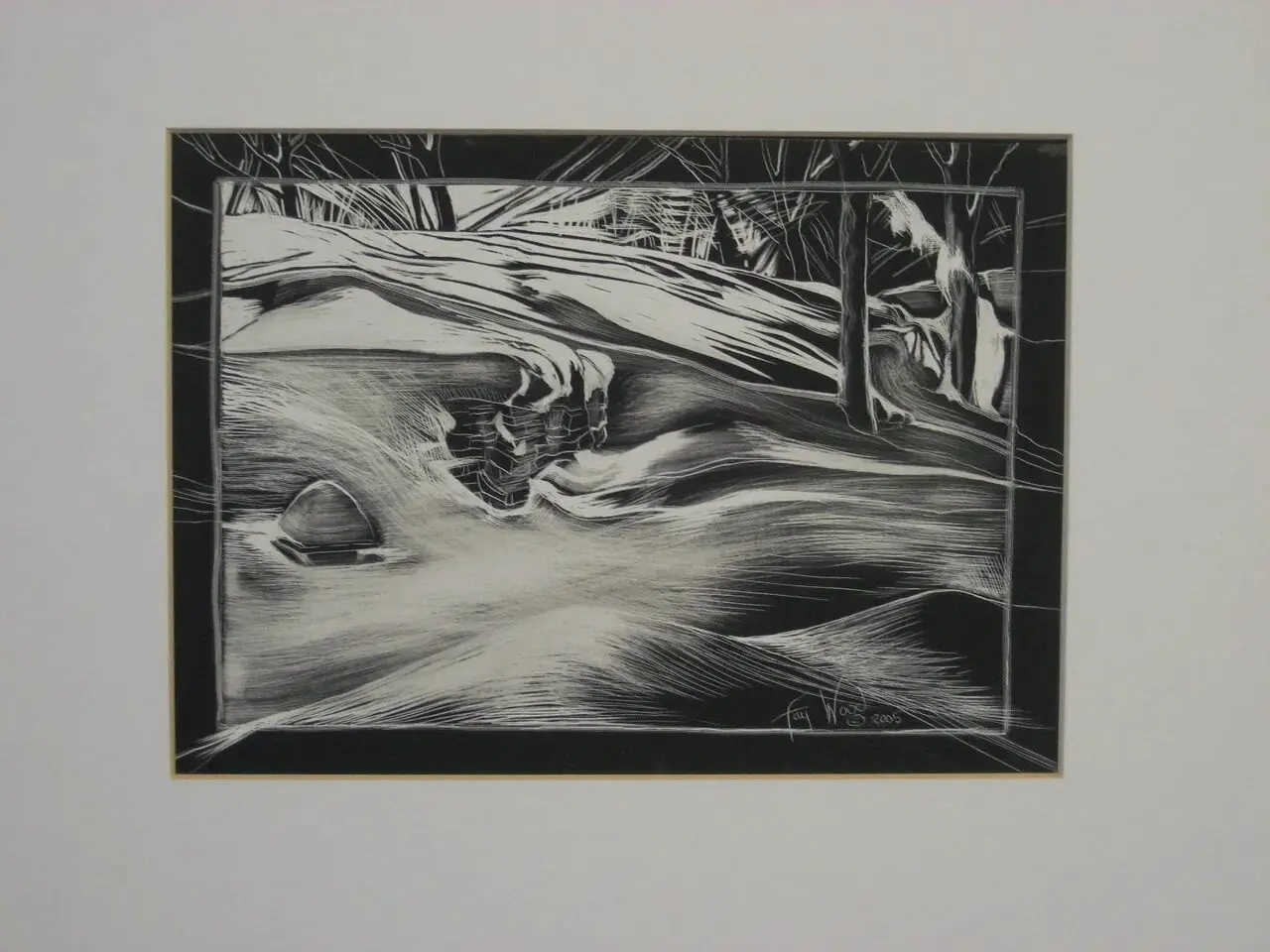 Black and white landscape drawing with trees.