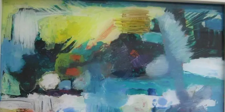 Abstract painting with vibrant, colorful brushstrokes.